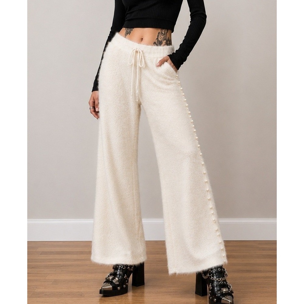 Y2K Wide Leg Knit Sweater Pants Women Large Pearl Accent Cream Loungewear Cozy